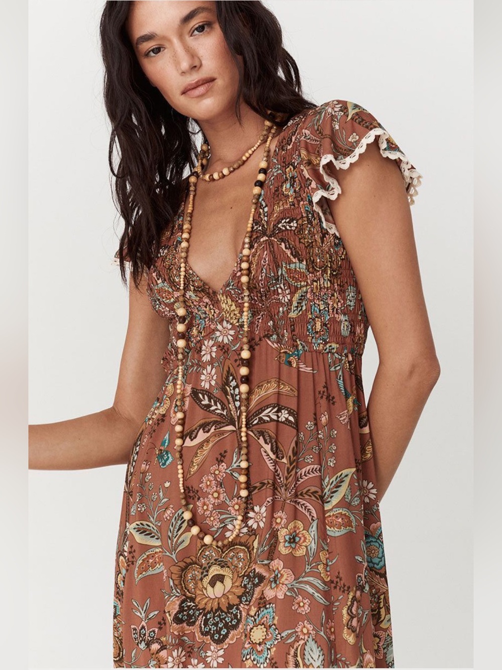 Spell Mojave Lily Shirred Maxi Dress in Amber Size XS Smocked Flutter Sleeve NWT - Picture 2 of 10